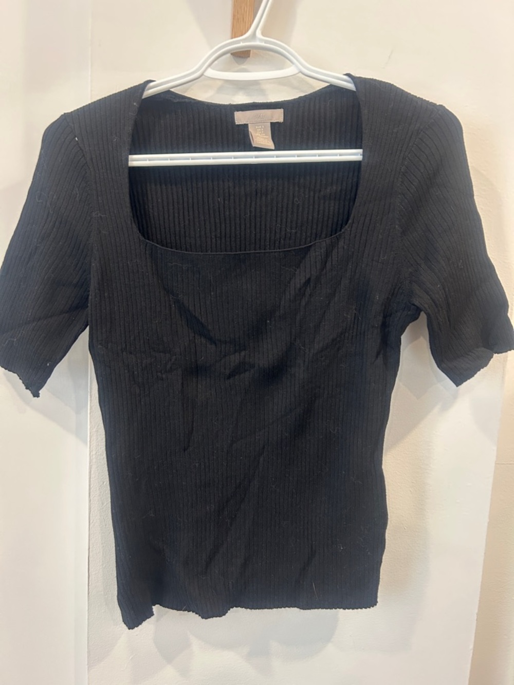 H&M Black Ribbed Square Neck Short Sleeve Top - Picture 1 of 4